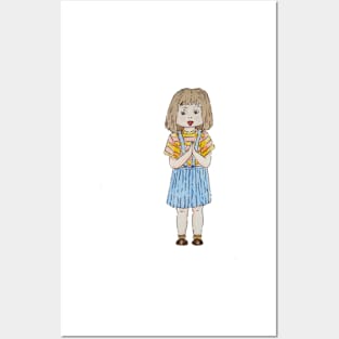 Cute little girl with brown hair and blue skirt Posters and Art